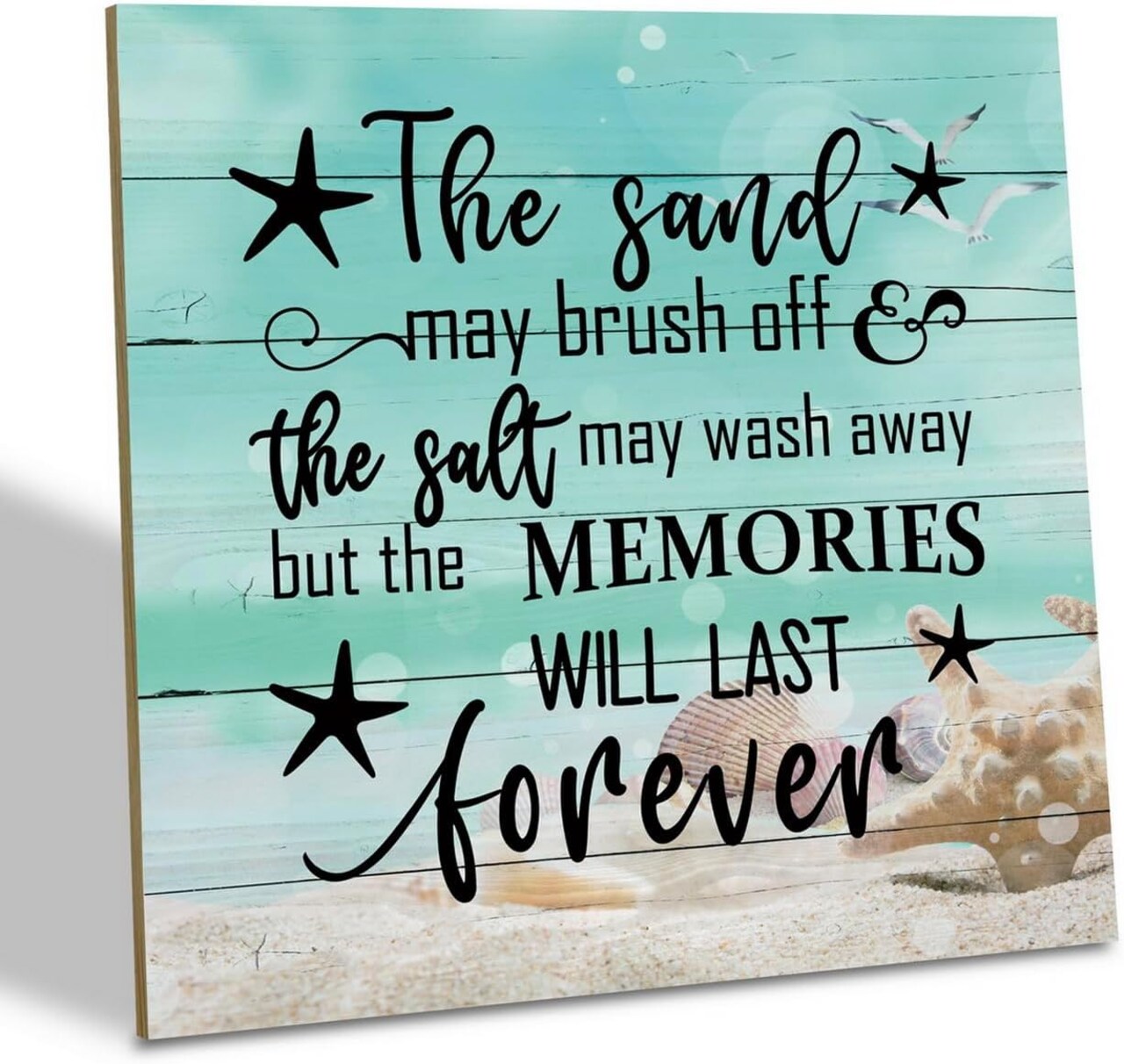 Beach Wood Sign – “The Sand May Brush Off, the Salt May Wash Away, but the Memories Will Last Forever” – Wooden Plaque Table Art Sign, Coastal Home Décor, Ocean-Themed Family Gift, Inspirational Wall or Table Display